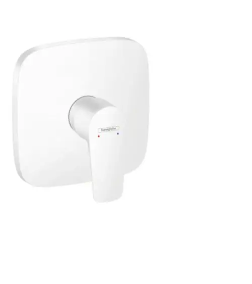 Weißer Unterputz-Brausemischer von Hansgrohe mit einem Hebel und farbigen Indikatoren für kaltes und warmes Wasser auf quadratischer Plattfläche.
